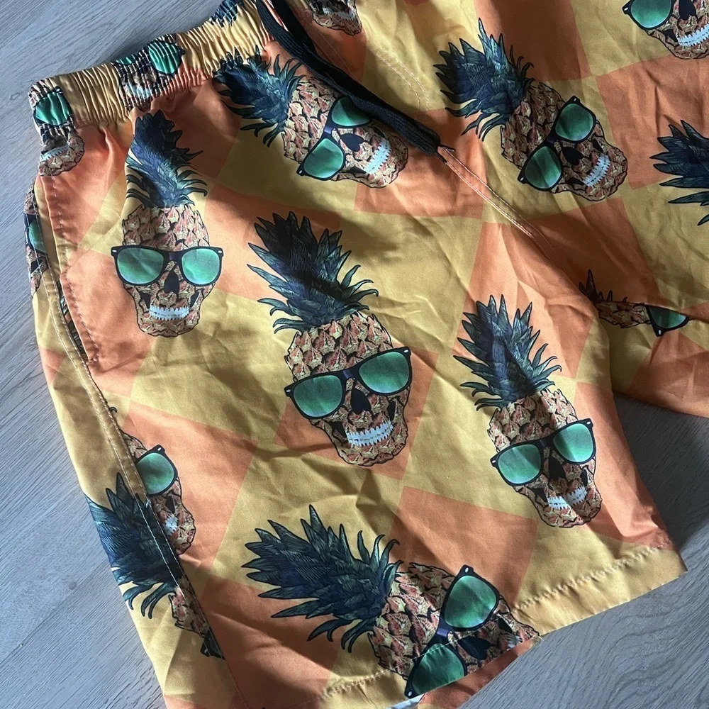 Yellow Pineapple Skull Glasses Swim Trunk Mesh Lining Quick Dry Men Size Large - Picture 3 of 8